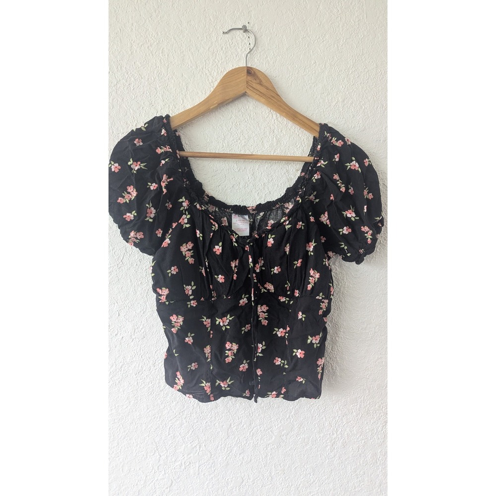 No Boundaries Black Floral Milkmaid Puff Sleeve Smocked Crop Top Large 11-13